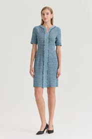 Ming Wang Tweed Knit Fringe Accent Sheath Dress