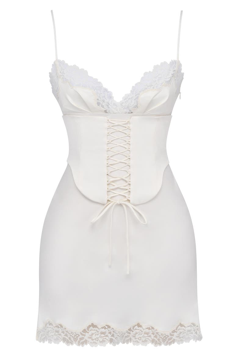 Soraya Lace Trim Satin Minidress with Detachable Corset, Alternate, color, IVORY