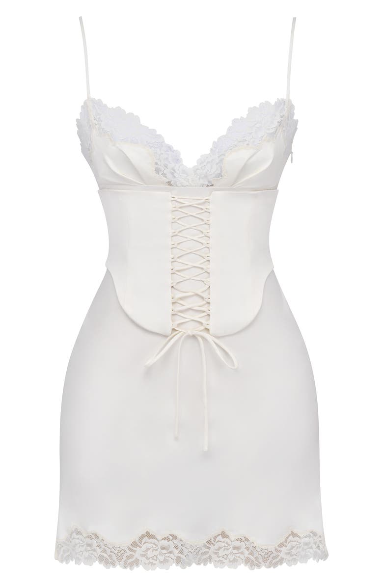 HOUSE OF CB Soraya Lace Trim Satin Minidress with Detachable Corset, Alternate, color, Ivory