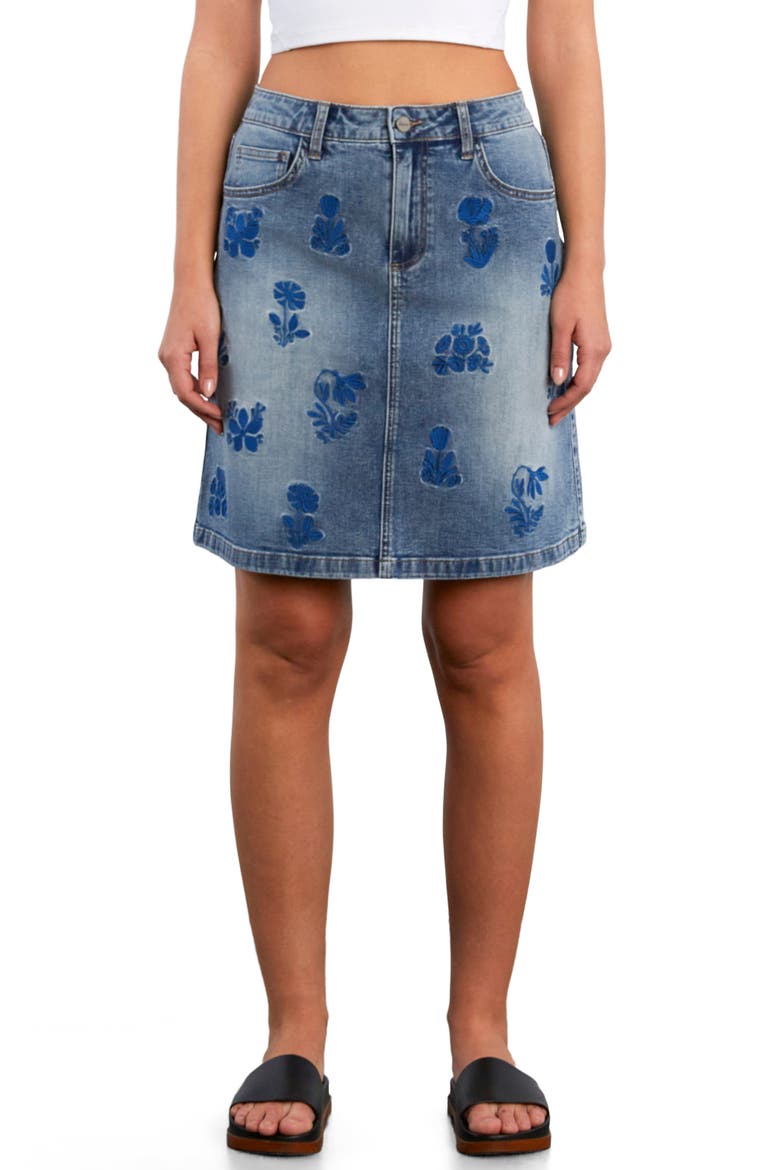 Wildflower Floral Embroidered Denim Skirt, Main, color, CLASSIC BLUE