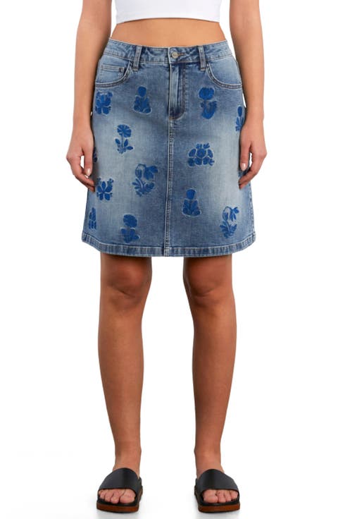 Wildflower Floral Embroidered Denim Skirt