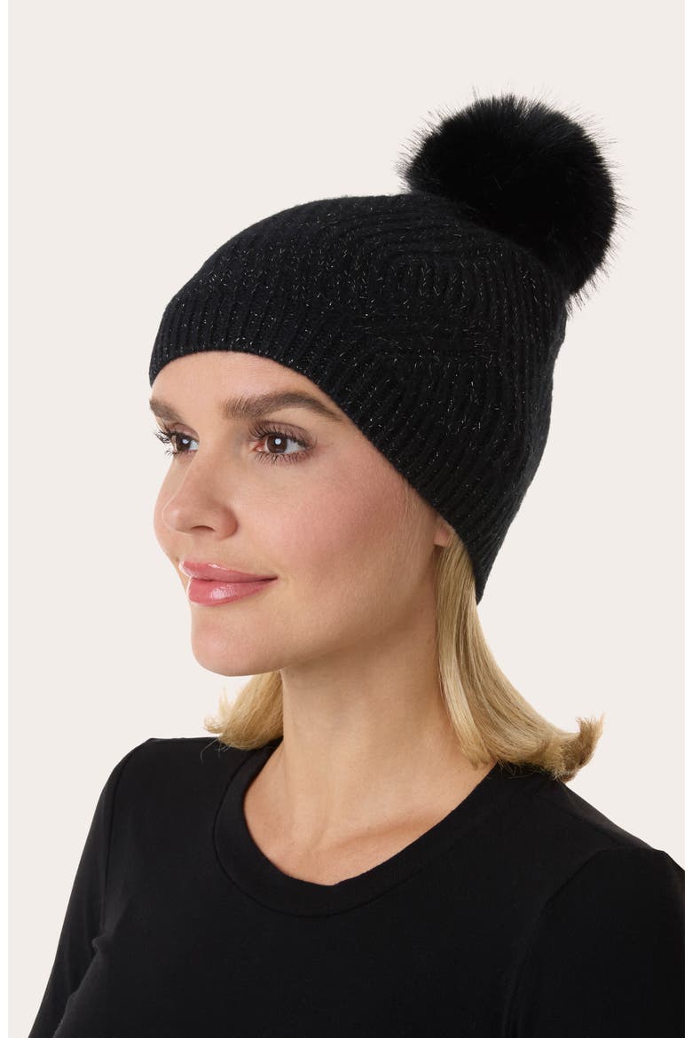 Wave Rib Beanie with Faux Fur Pom, Alternate, color, BLACK