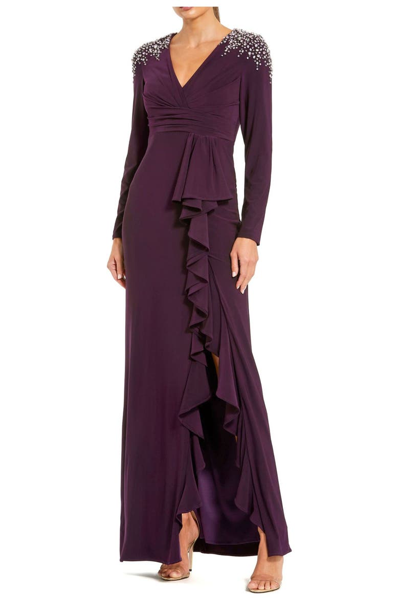 Mac Duggal Long Sleeve Gown with Cascading Ruffle & Rhinestone Shoulders, Main, color, Amethyst