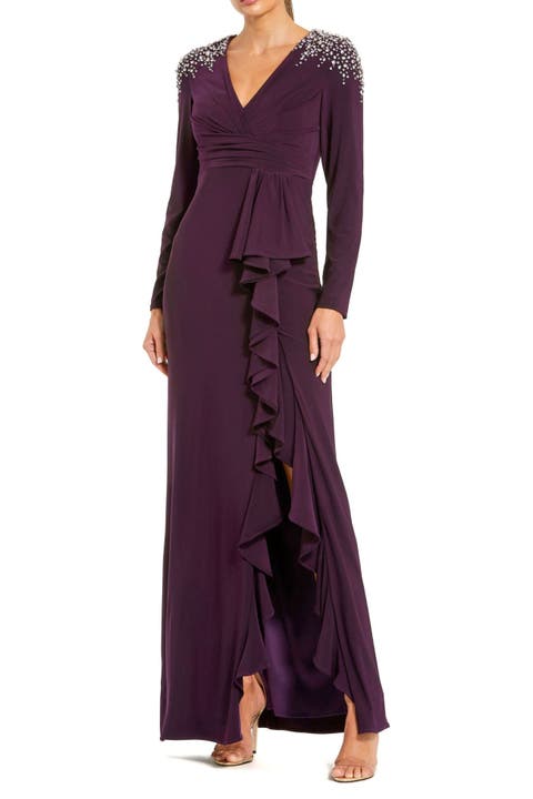 Long Sleeve Gown with Cascading Ruffle & Rhinestone Shoulders