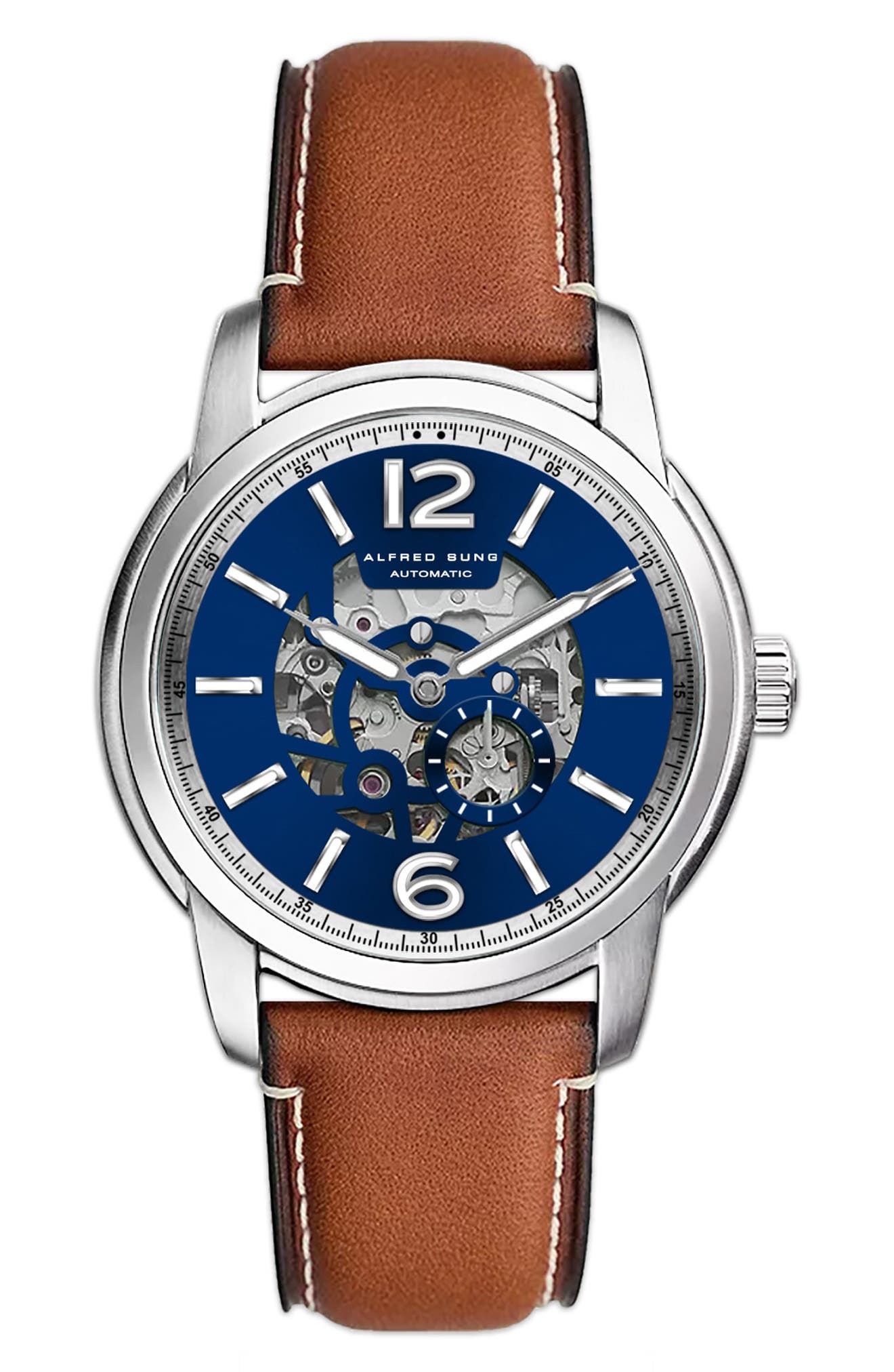 Alfred Sung Two-hand Skeleton Dial Automatic Leather Strap Watch, 43mm In Blue