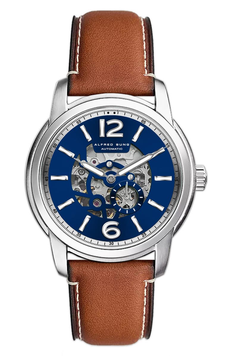 Alfred Sung Two-Hand Skeleton Dial Automatic Leather Strap Watch, 43mm, Main, color,