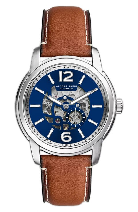 Two-Hand Skeleton Dial Automatic Leather Strap Watch, 43mm