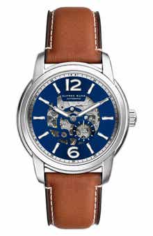 Alfred Sung Two-Hand Skeleton Dial Automatic Leather Strap Watch, 43mm