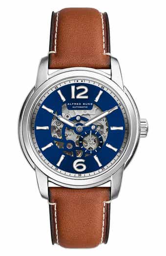 Two-Hand Skeleton Dial Automatic Leather Strap Watch, 43mm