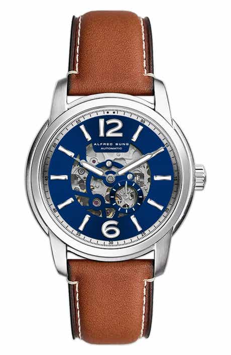 Alfred Sung Two-Hand Skeleton Dial Automatic Leather Strap Watch, 43mm