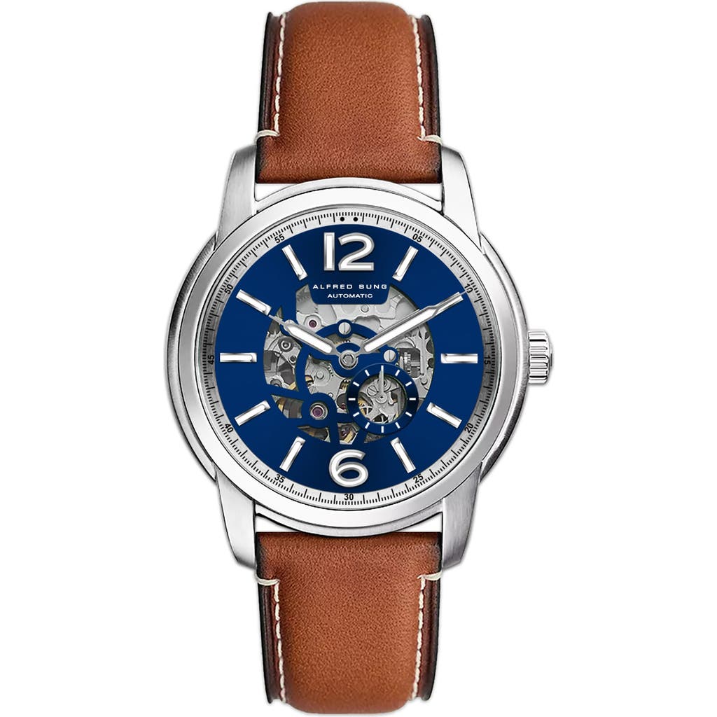 Alfred Sung Two-hand Skeleton Dial Automatic Leather Strap Watch, 43mm In Blue