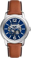 Alfred Sung Two-Hand Skeleton Dial Automatic Leather Strap Watch, 43mm