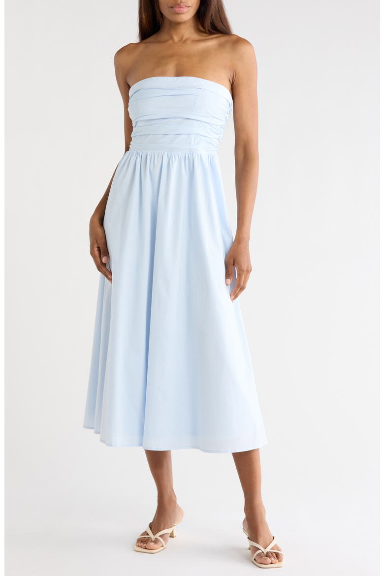 Ruched Strapless Midi Dress, Main, color, BLUE