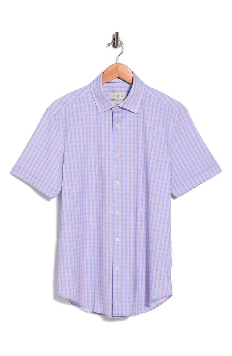Bugatchi Plaid Stretch Cotton Short Sleeve Button-Up Shirt, Main, color, Dusty Pink