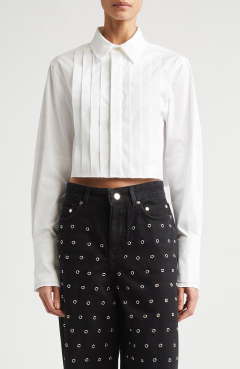 Crop Stretch Poplin Tuxedo Shirt