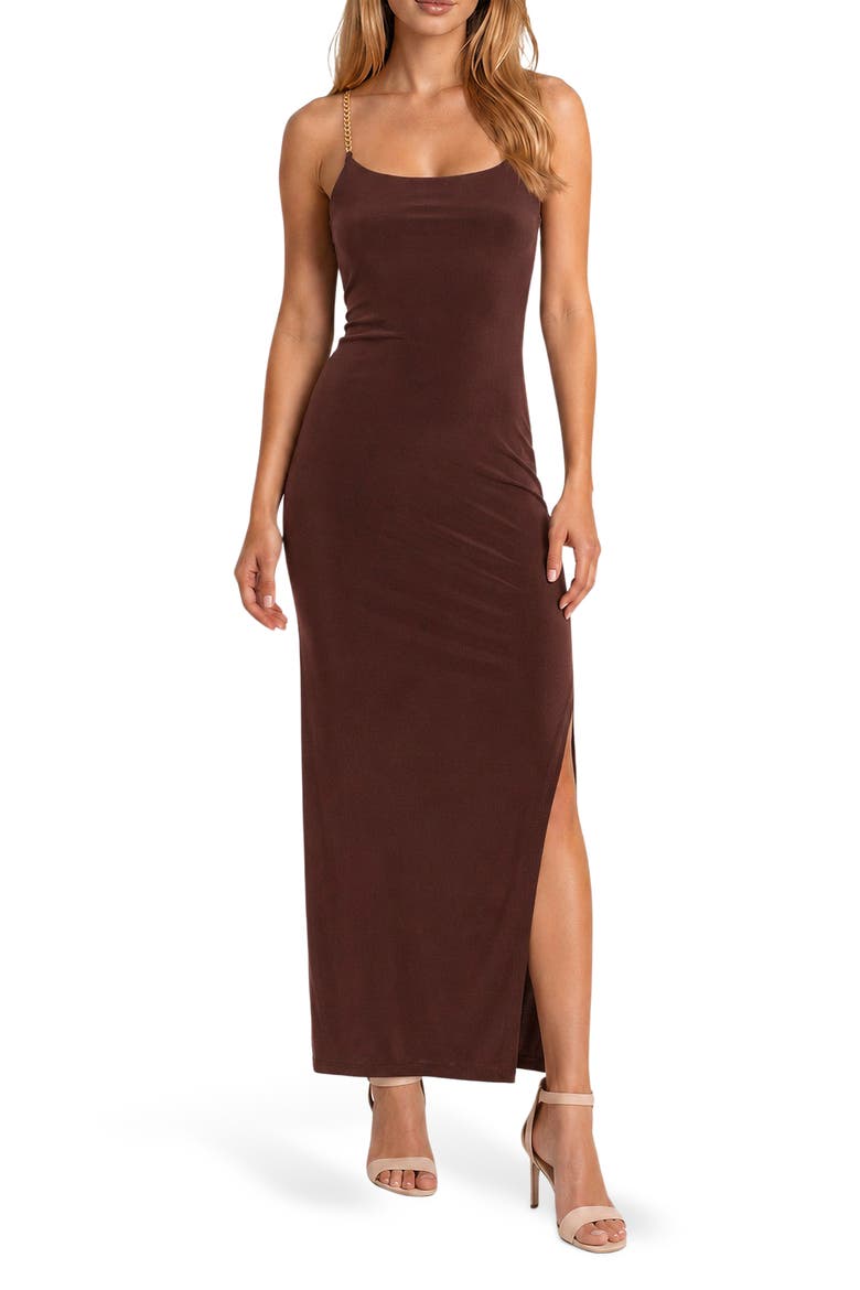 Chain-Trimmed Strap Maxi Dress, Main, color, CHOCOLATE