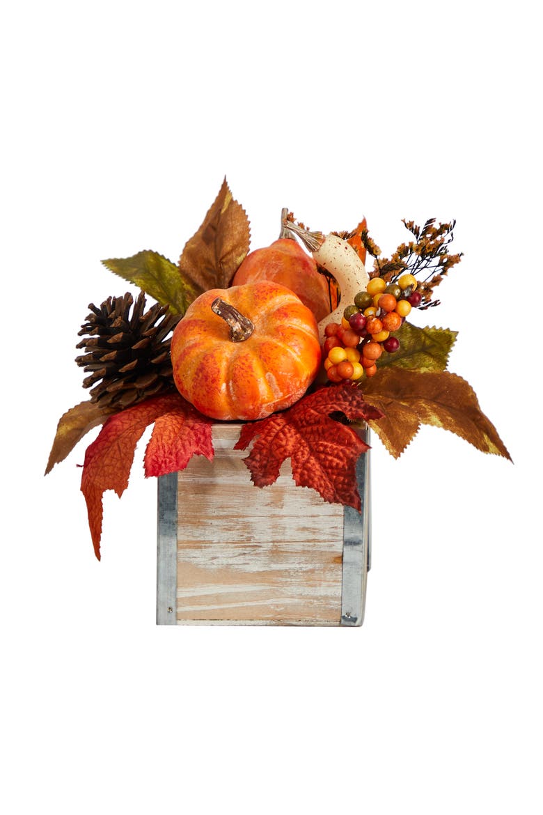 8-in Fall Pumpkin, Gourd, Berries and Pinecones Artificial Autumn Arrangement in Natural Washed Vase, Main, color, Orange