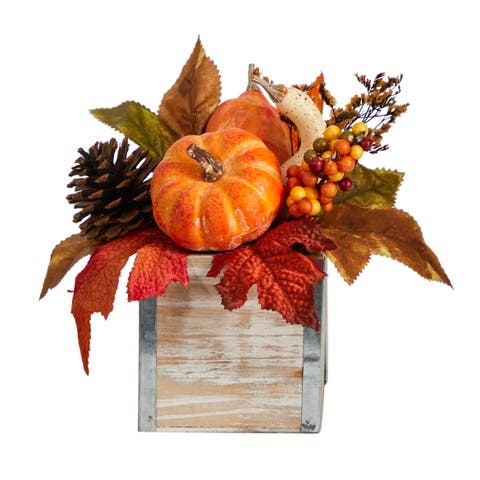 8-in Fall Pumpkin, Gourd, Berries and Pinecones Artificial Autumn Arrangement in Natural Washed Vase