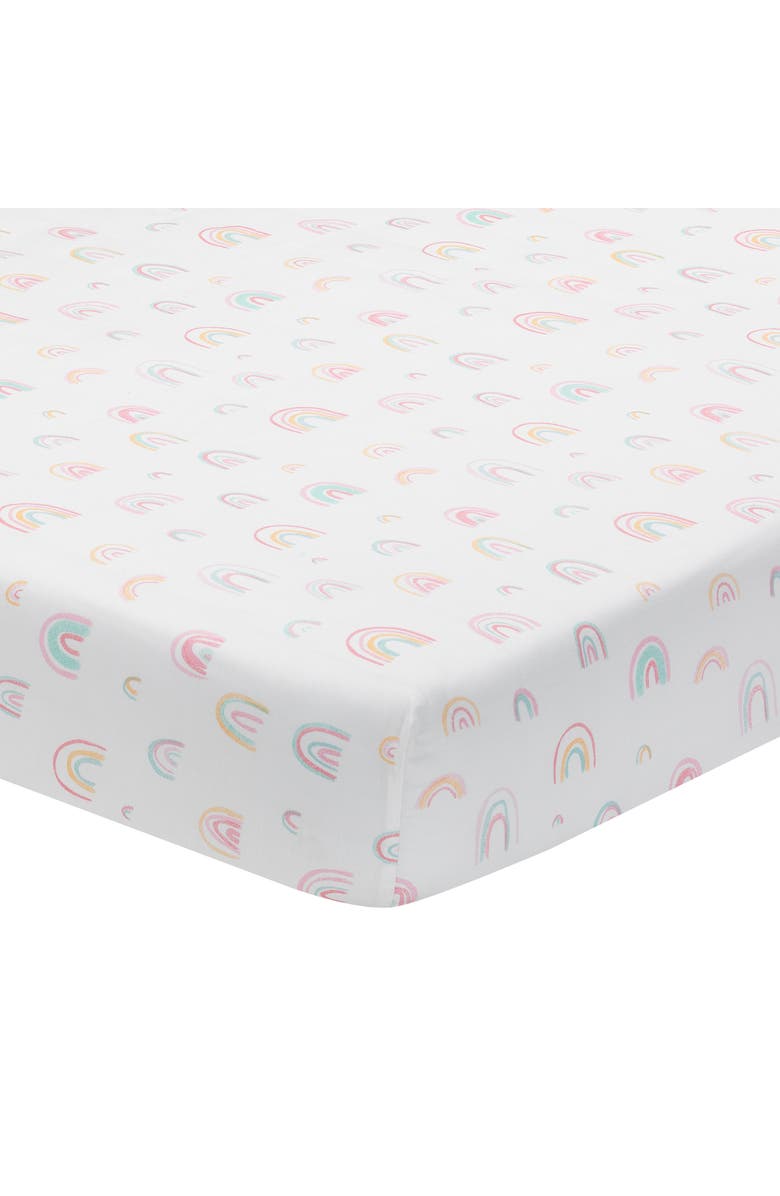 Lambs & Ivy Watercolor Pastel Rainbow 100% Cotton Baby Fitted Crib Sheet, Main, color, White Multi