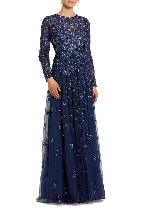 Petite Embellished High Neck Long Sleeve A-Line Gown