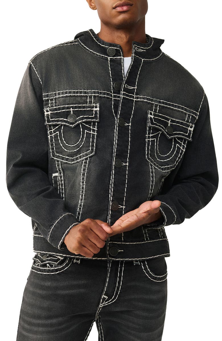 True Religion Super T Hooded Denim Jacket, Main, color, Smog Overdye Black Wash