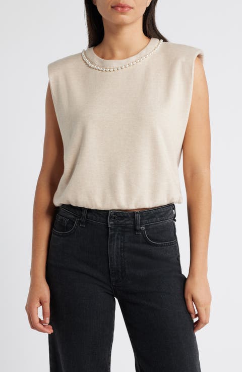Faux Pearl Trim Extended Shoulder Top