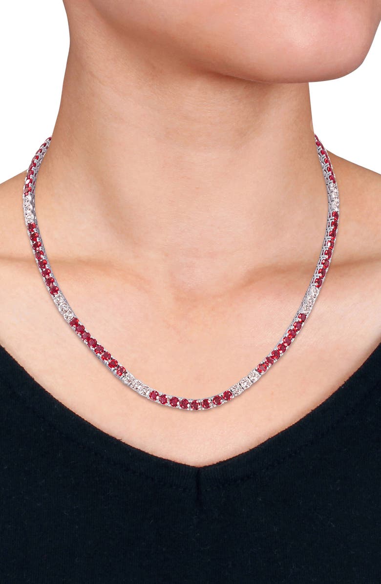 DELMAR Lab Created Ruby & Lab Created White Sapphire Tennis Bracelet & Necklace Set, Alternate, color, Red