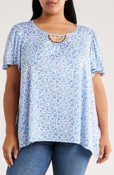 Embroidered Puff Print Flutter Sleeve T-Shirt (Plus)