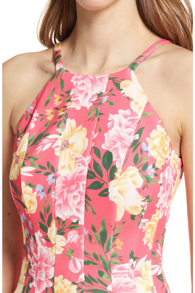 Floral Halter Neck Fit & Flare Scuba Dress, Alternate, color, HOT PINK