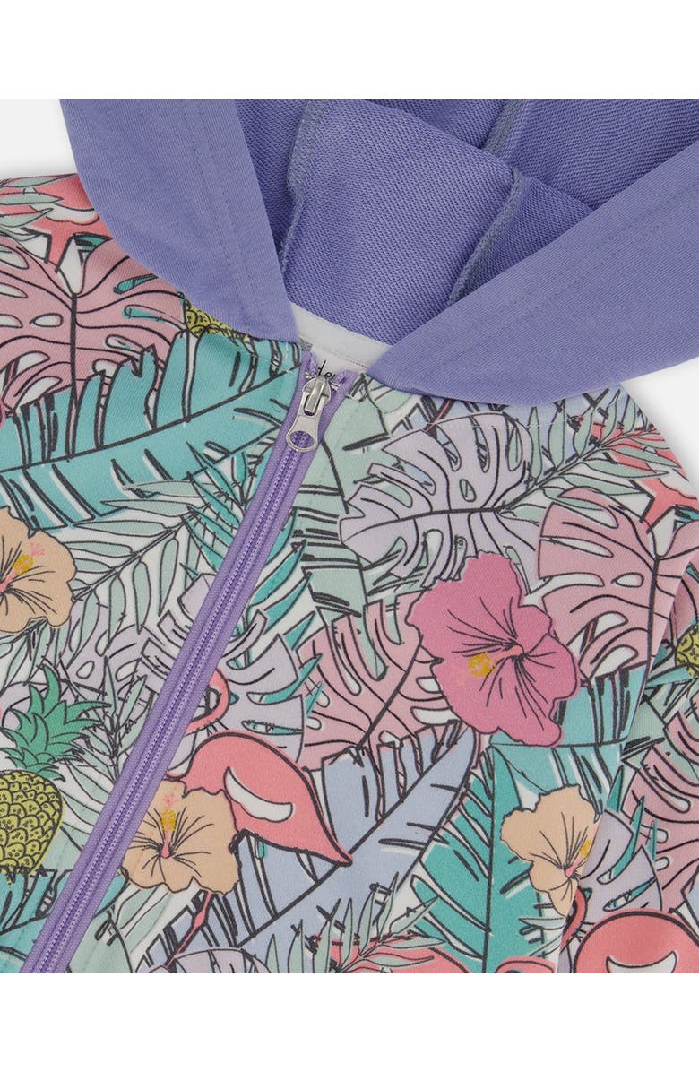 Deux par Deux Girl's Printed French Terry Hoodie Cardigan Lilac Tropical And Pink Flamingos, Alternate, color,