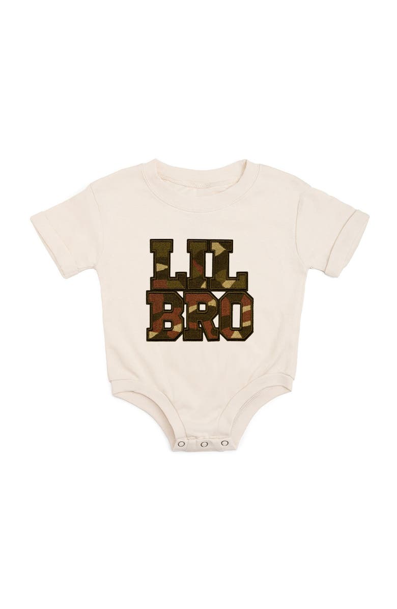 Sweet Wink Lil Bro Camo Patch Short Sleeve Romper, Main, color, Natural