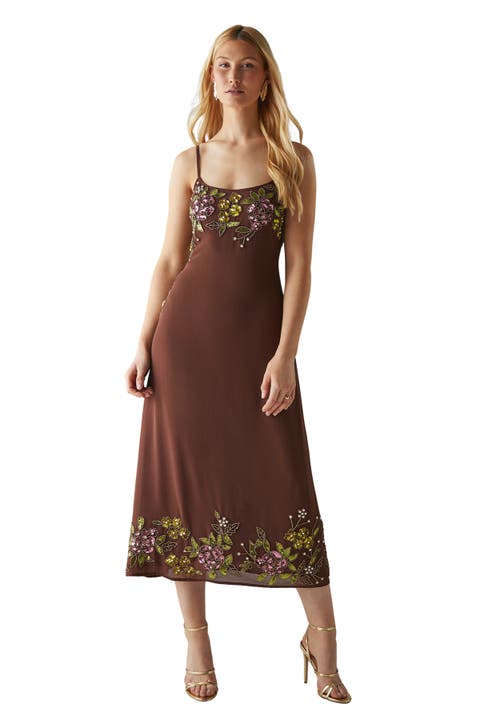 Embellished Strappy Sequin Midi Dress