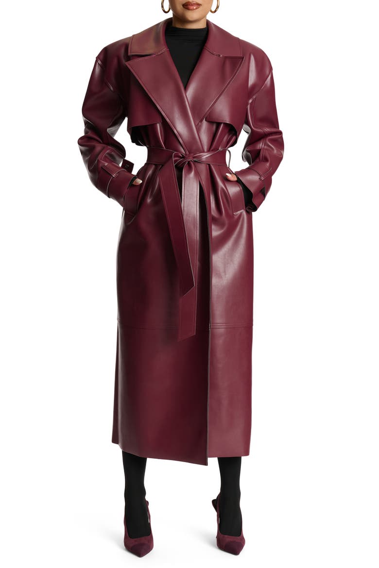 Faux Leather Trench Coat, Main, color, BURGUNDY
