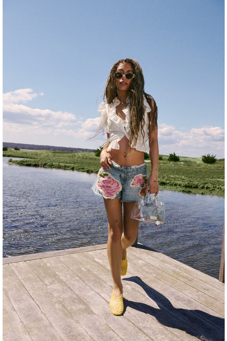 Lilien Floral Patch Denim Cutoff Shorts, Alternate, color, VINTAGE BLUE