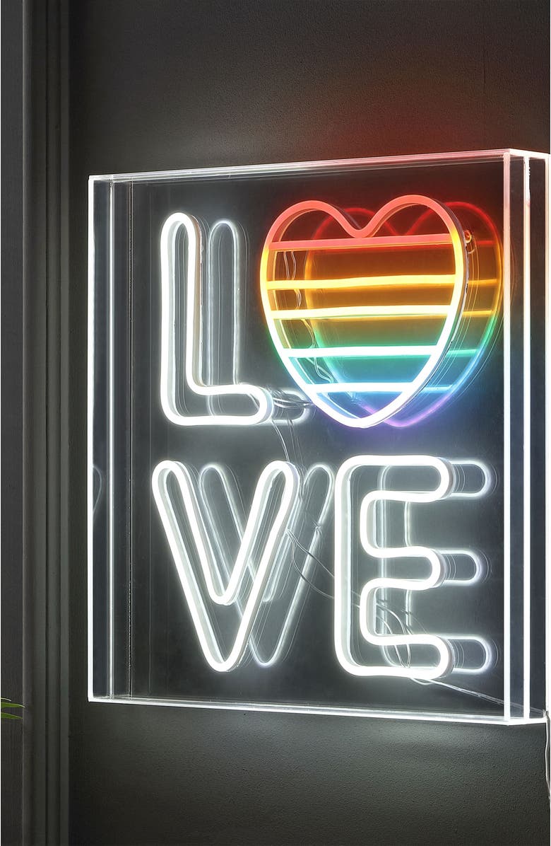 JONATHAN Y LOVE Square Contemporary Glam Acrylic Box USB Operated LED Neon Light, Alternate, color, White/Rainbow