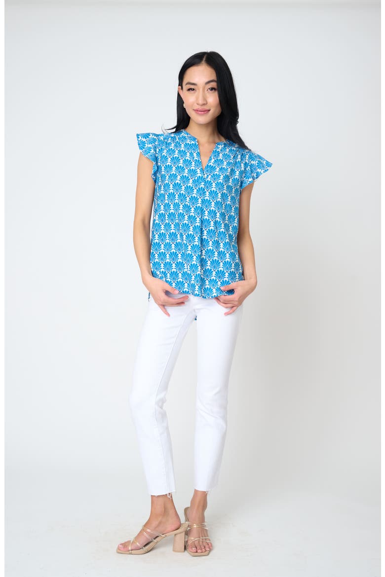 Notch Neck Flutter Sleeve High-Low Top, Alternate, color, BLUE MEDALLION PRINT