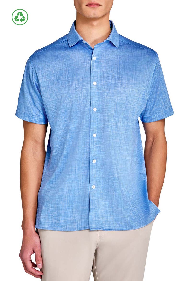 Regular Fit Chambray Recycled Performance Golf Button-Down Shirt, Main, color, LT BLUE