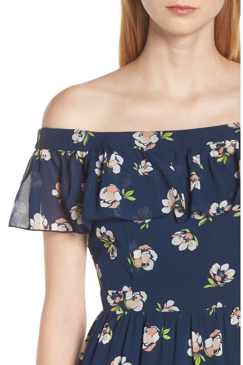 Off the Shoulder Ruffle Maxi Dress, Alternate, color, NAVY PEACH FLORAL