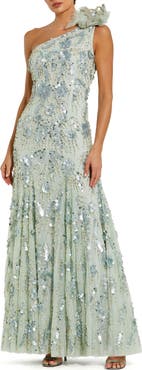 Mac Duggal One Shoulder Beaded 3D Flower Detail Trumpet Gown