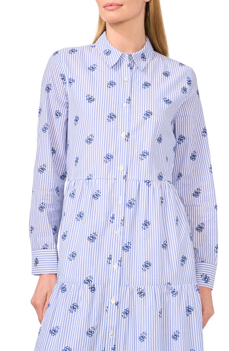 CeCe Embroidered Flower Stripe Long Sleeve Cotton Maxi Shirtdress, Alternate, color, Ocean Blue