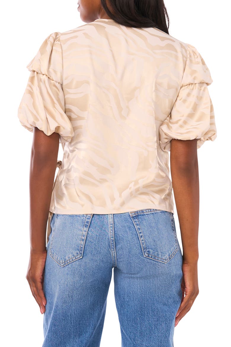 Double Bubble Sleeve Satin Jacquard Wrap Front Top, Alternate, color, BIRCH