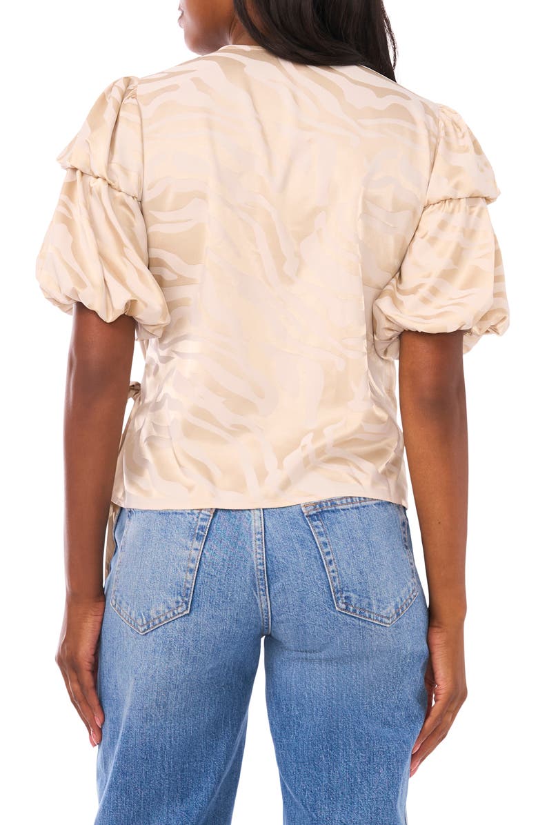 Vince Camuto Double Bubble Sleeve Satin Jacquard Wrap Front Top, Alternate, color, Birch