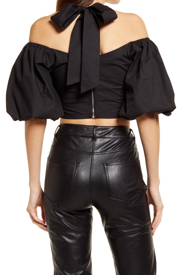 Halter Neck Puff Sleeve Cotton Crop Top, Alternate, color, BLACK