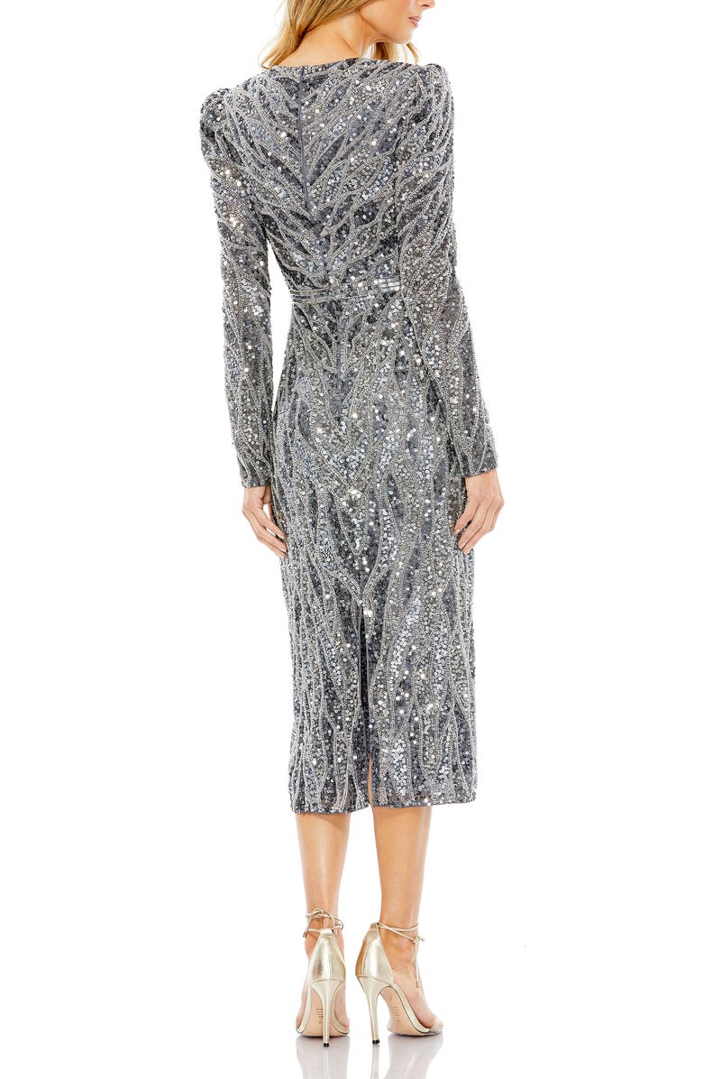Mac Duggal Long Sleeve V-Neck Beaded Cocktail Dress, Alternate, color, Charcoal