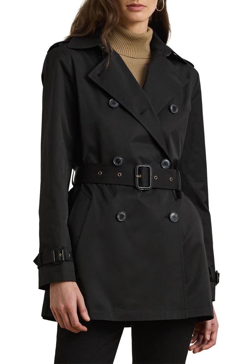 Double Breasted Belted Cotton Blend Trench Coat, Main, color, BLACK