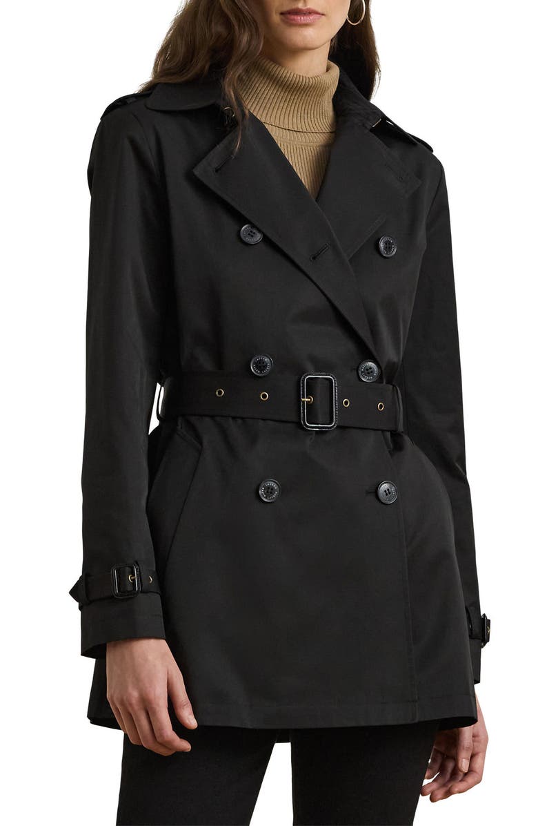 Lauren Ralph Lauren Double Breasted Belted Cotton Blend Trench Coat, Main, color, Black