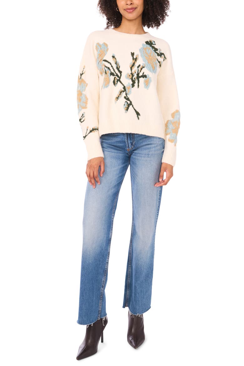 Flower Crewneck Sweater, Alternate, color, VANILLA ICE/ COOL MINT