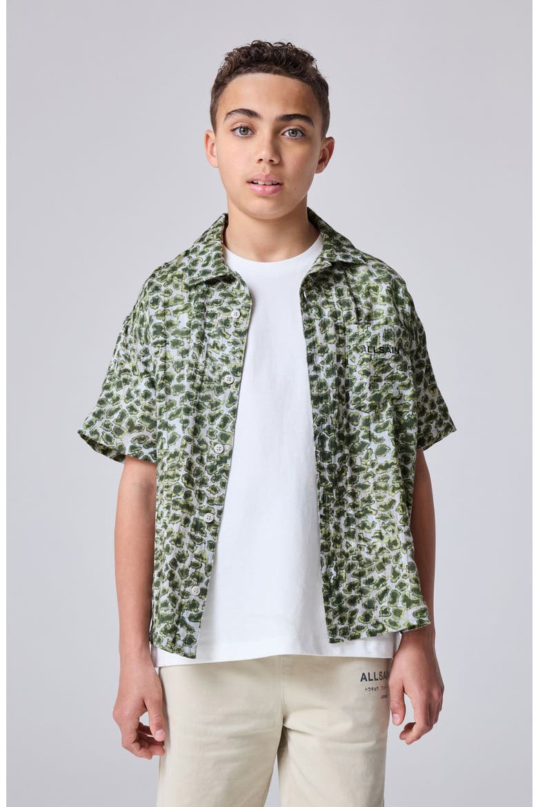 Kids' Animal Print Short Sleeve Cotton Button-Up Shirt, Alternate, color, GREEN