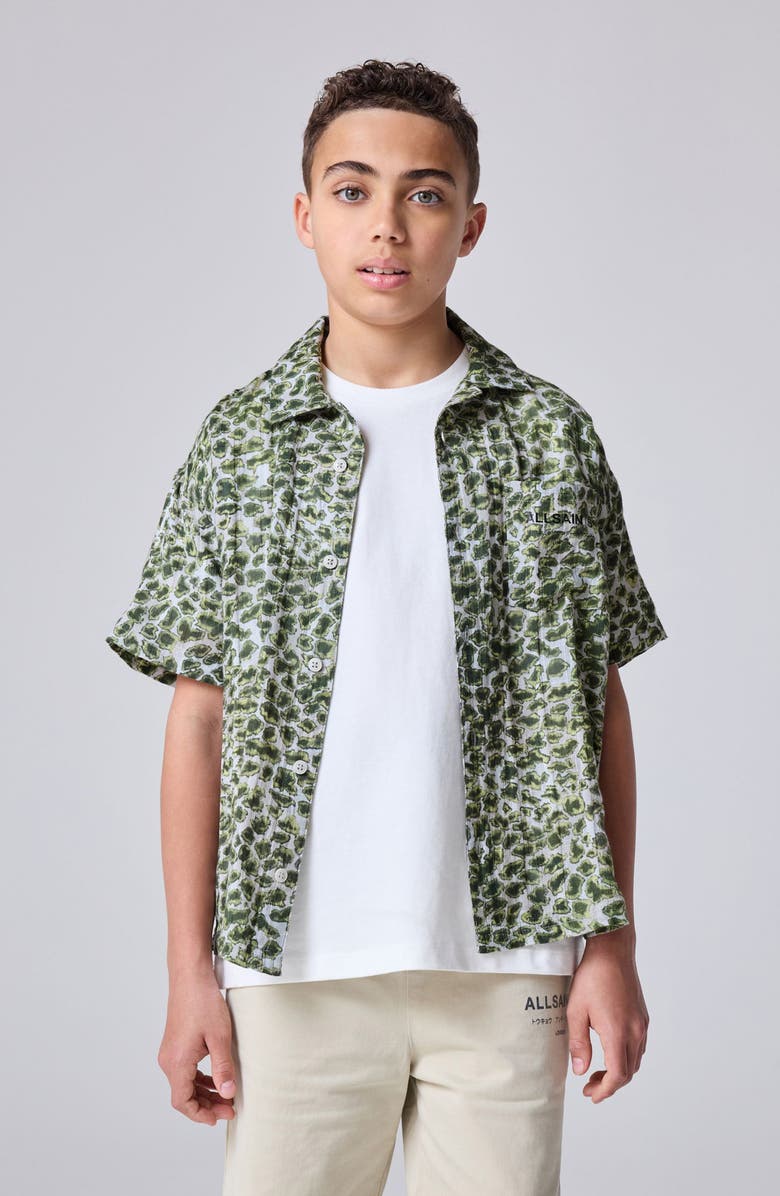smALLSAINTS by ALLSAINTS Kids' Animal Print Short Sleeve Cotton Button-Up Shirt, Alternate, color, Green