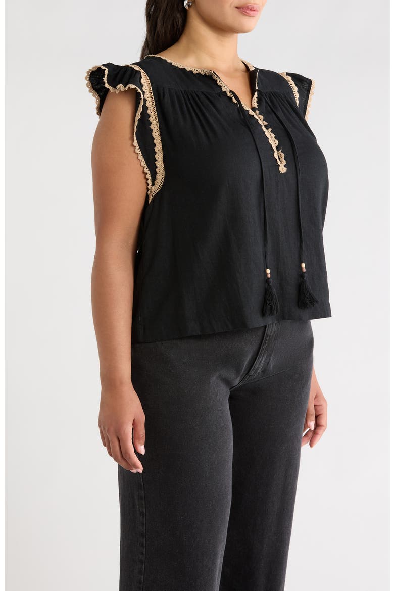 Crochet Trim Linen Blend Top, Alternate, color, BLACK
